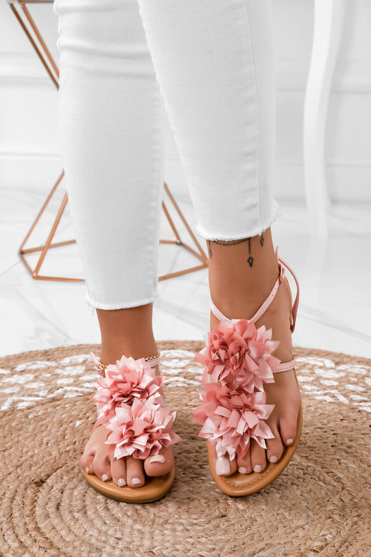 CONNIE - Pink satin thong sandals with flower