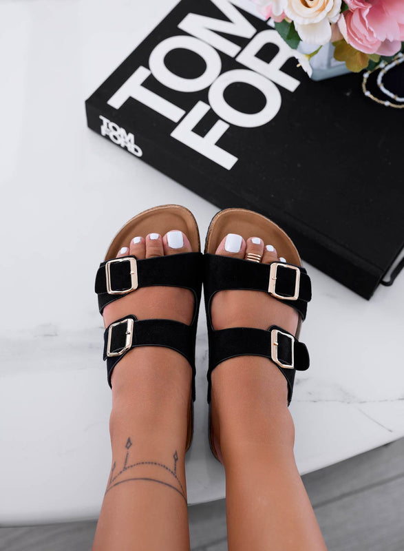 VIRGINIA - Black sandals slippers with gold buckles