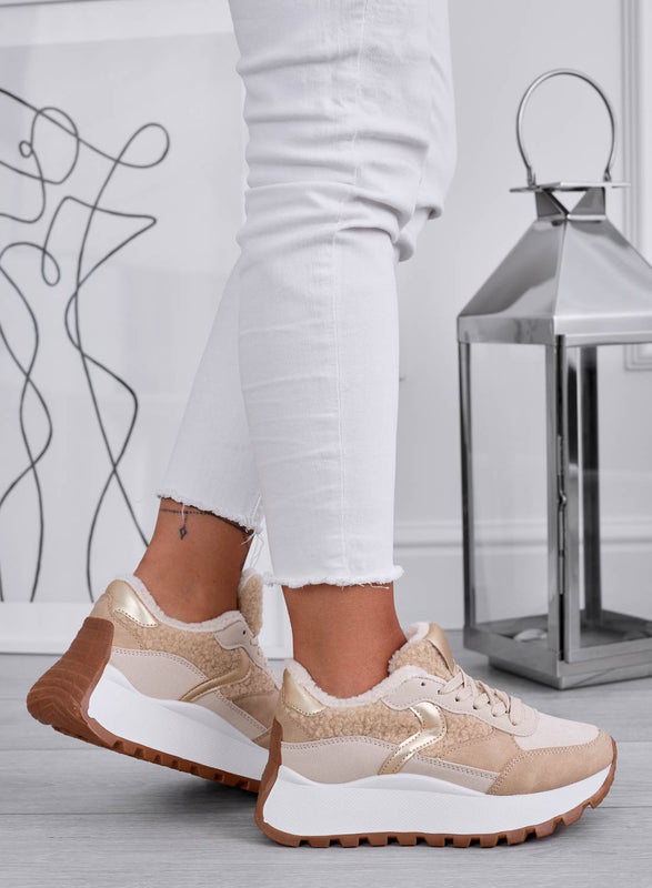 JORAS - Beige sneakers with faux fur inserts