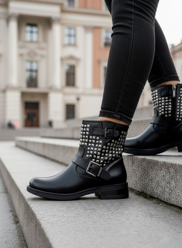 MAXIM - Black biker ankle boots with studs