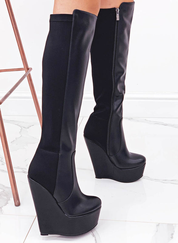 ESTELLA - Black faux leather boots with wedge and elastic band back