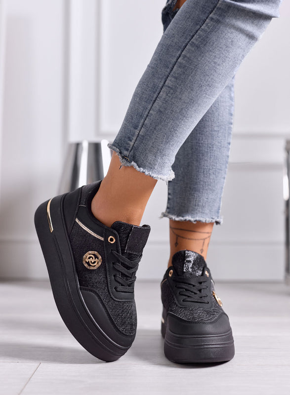 CARLA - Black Platform Sneakers with Gold and Glitter Details