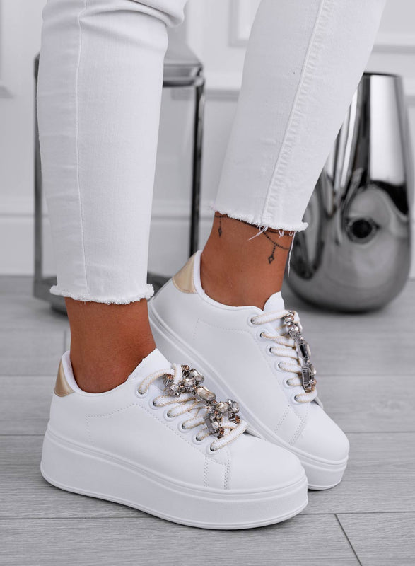 SORAYA - White sneakers with jewel application and gold back