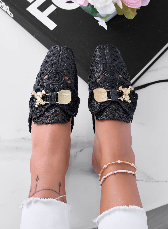 FIESTA - Black espadrilles clogs embroidered with gold teddy