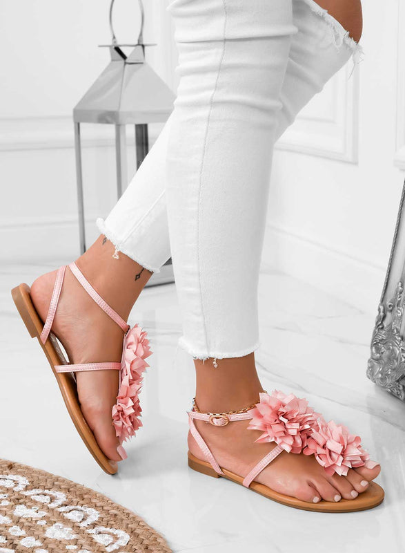 CONNIE - Pink satin thong sandals with applied flower