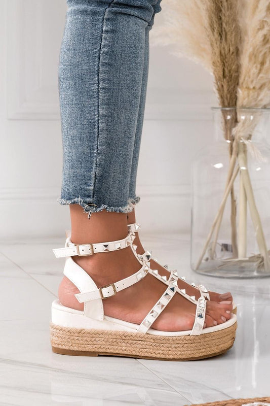 LOREEN - White espadrilles sandals with silver studs and wedge