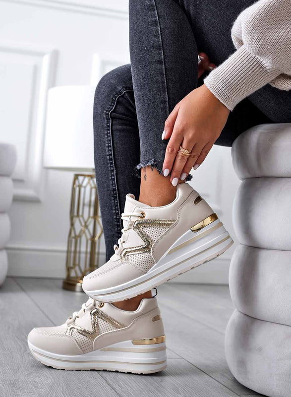 Beige wedge sneakers with gold inserts