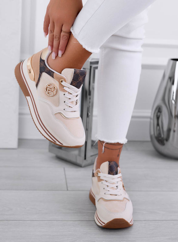 ESTER - Beige sneakers with contrasting panels and jewel application