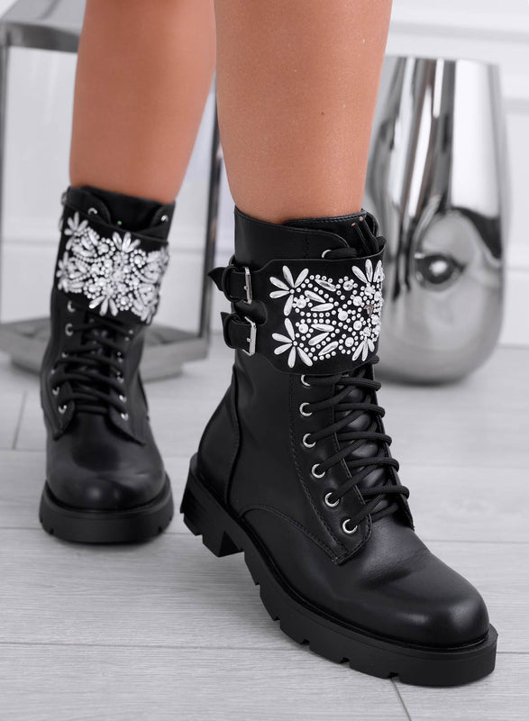 DINA - Black ankle boots with buckles and rhinestones