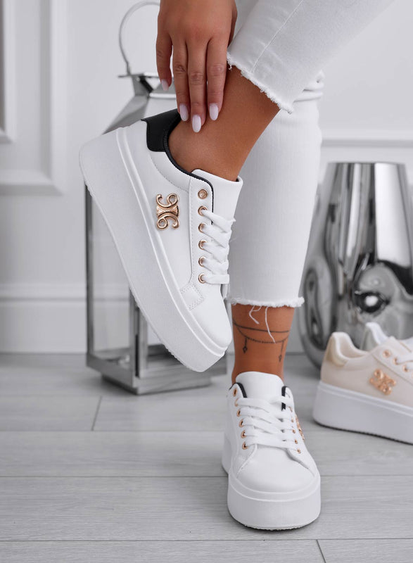 ANNARITA - White sneakers with a black back and gold appliqué