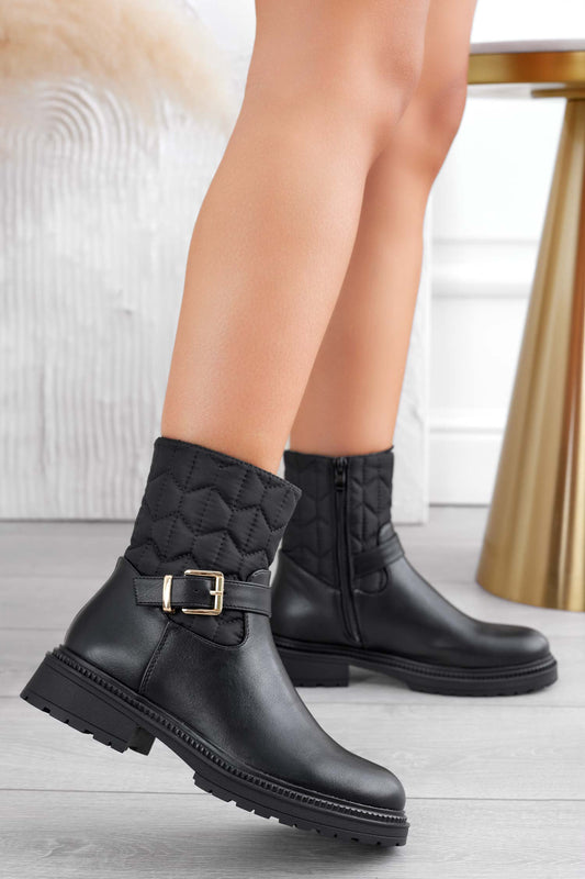 Black fabric ankle boots with gold buckle