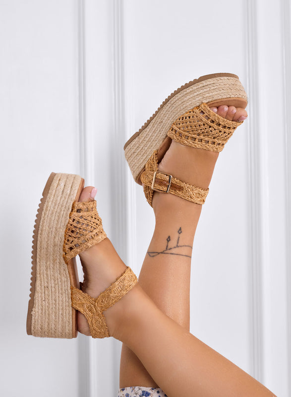 MARSILIA - Taupe woven platform sandals with rope wedge