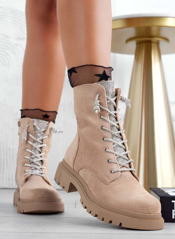 MOIRA - Botines tipo militar Alexoo beige con cordones y lengüeta joya
