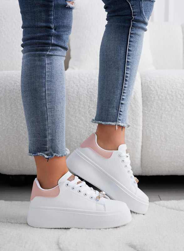 DELIA - White sneakers with jewel application and pink back