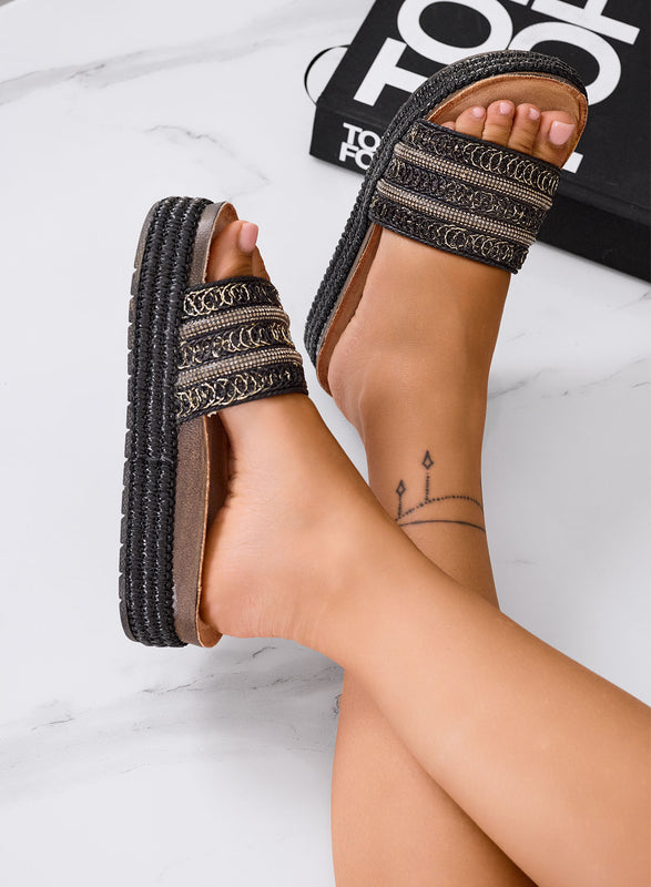 EDVIGE - Sandalias negras Zapatillas plataforma con banda bordada en oro