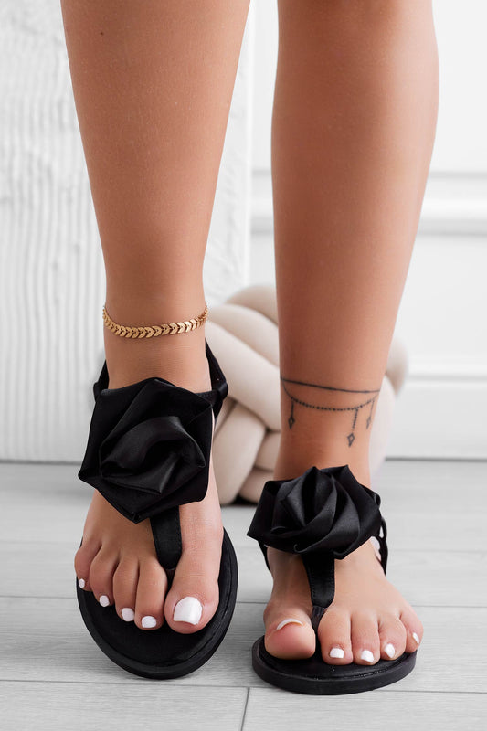 KETA - Black satin thong sandals with flower