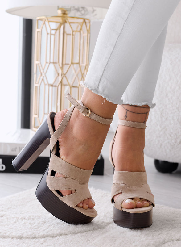 LARA - Taupe Platform Sandals with High Heel and Ankle Strap