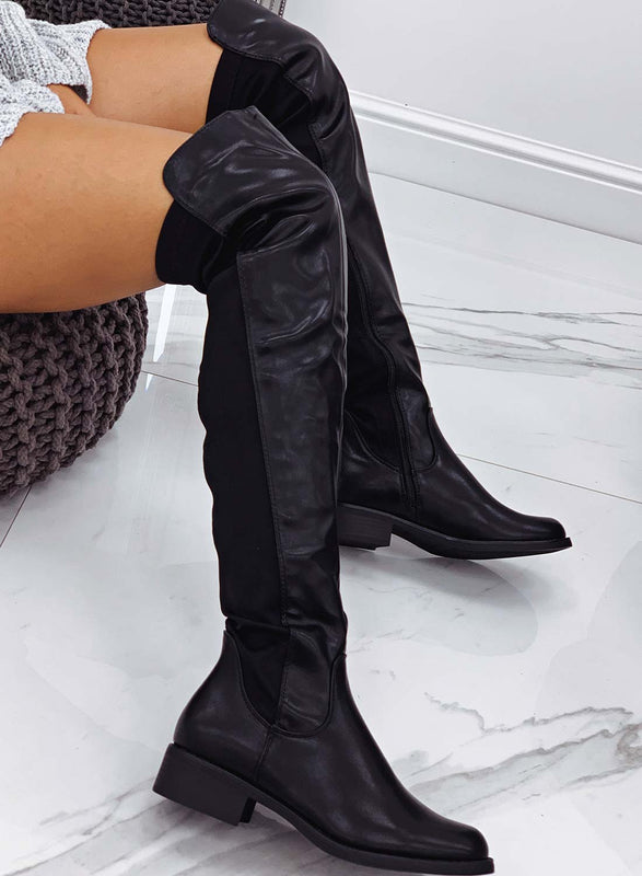 GABRIEL - Black faux leather thigh high boots with elastic fabric back