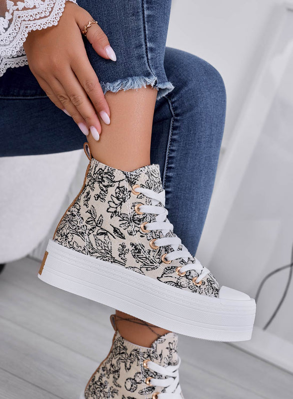 DELFINA - Baskets montantes beiges à motif avec semelle compensée