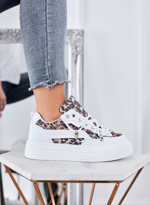 LESTER – White platform sneakers with leopard animal print details