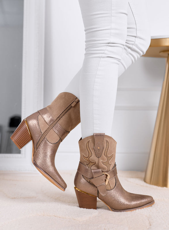 MARCELLA - Bronze camper ankle boots with medium heel and western details