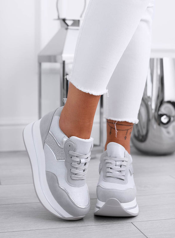 CAROLINE - Grey sneakers with white wedge and rhinestones