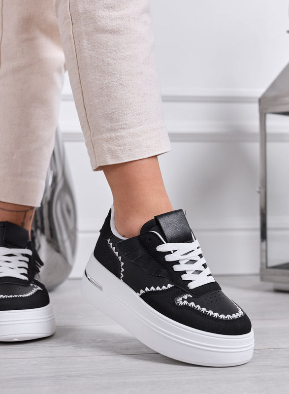 VERONICA - Sneakers nere Platform con Cuciture a Contrasto bianche