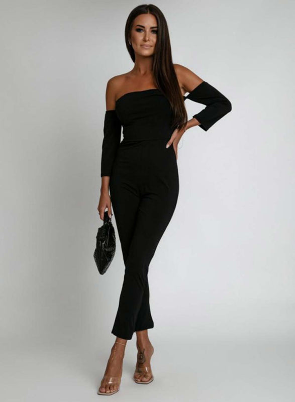 Long black jumpsuit with a boat neckline