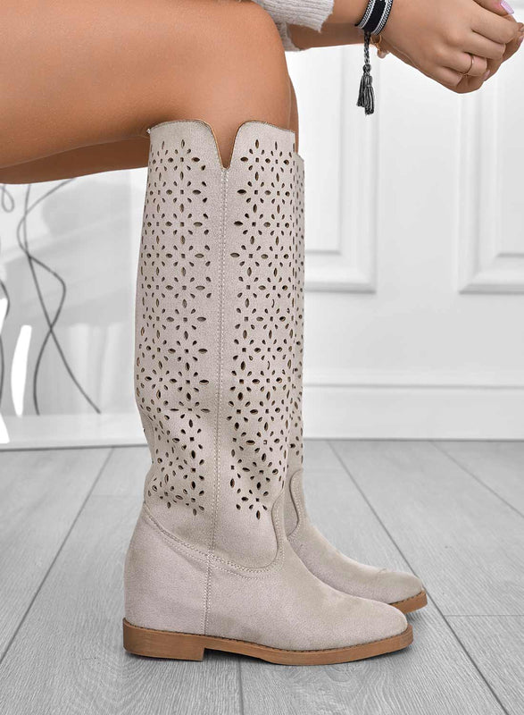 KYLA - Perforated beige boots with internal wedge