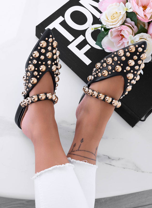 WILDA - Pointed black mule ballet flats with ball studs