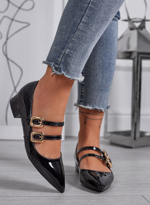 IOLE - Black patent Mary Jane shoes with double gold buckle