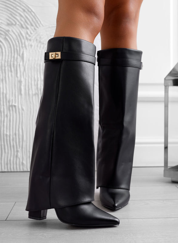 ALBIA - Bottes hautes noires à bout stiletto avec détail doré