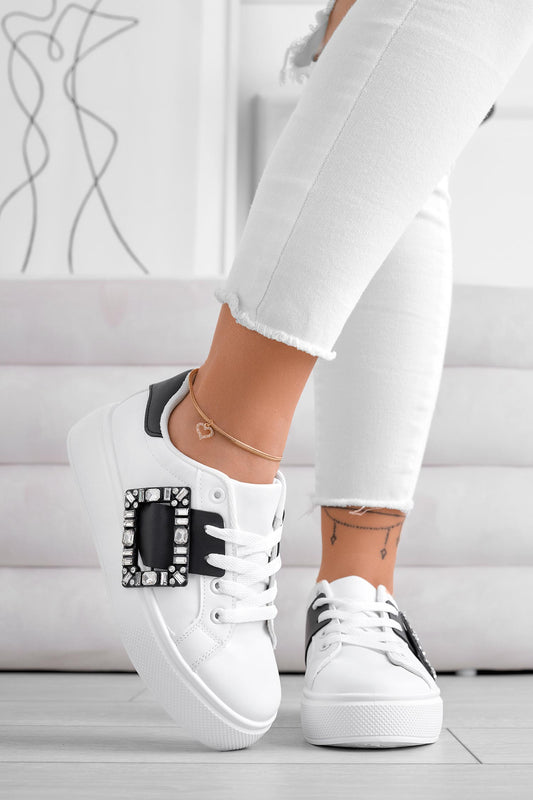 PLEASE - White jewel sneakers with black contrasting band