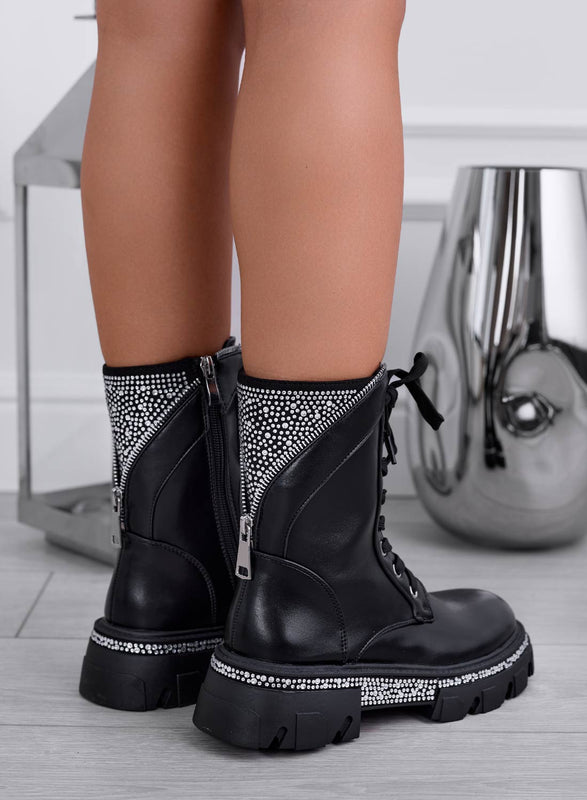 JULIAN - Black biker ankle boots with rhinestones