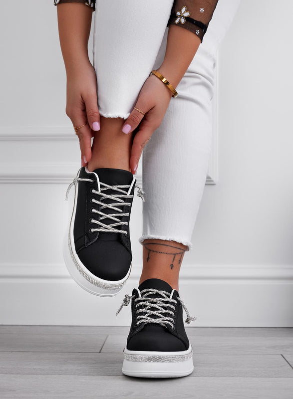 FRANKIE - Black sneakers with silver jewel laces