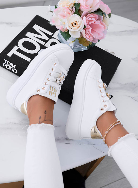 LOIRE - White platform sneakers with jewels and gold backing