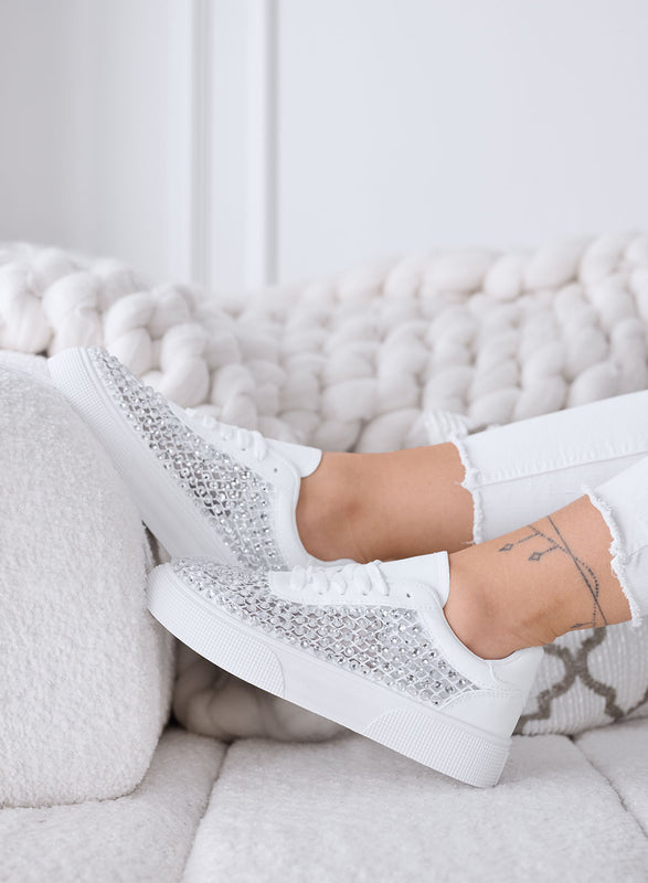 CASSANDRA - White Sneakers with Rhinestones and Shiny Details
