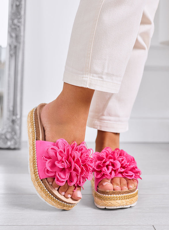 ELEONORA - Fuchsia sandals slippers with maxi flower and rope platform sole