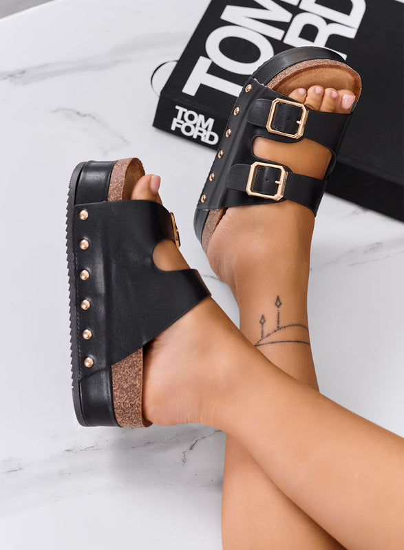 ABLA - Black platform wedge sandals with double buckle and gold studs