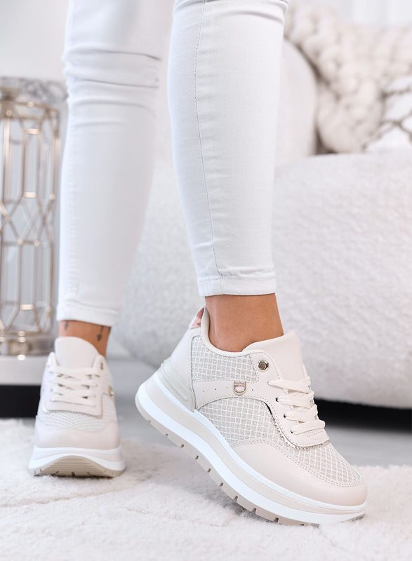 AGATA - Baskets plateforme beige avec détails en tissu laminé