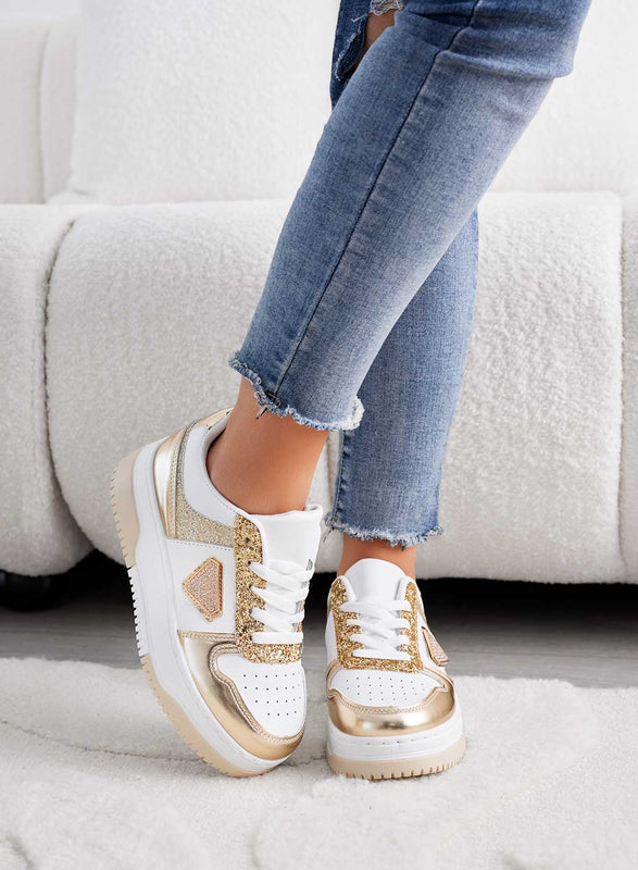 CLOE - White sneakers with gold glitter inserts