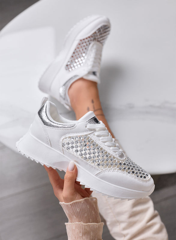 VANESSA - White Perforated Sneakers with Rhinestones and Silver Inserts