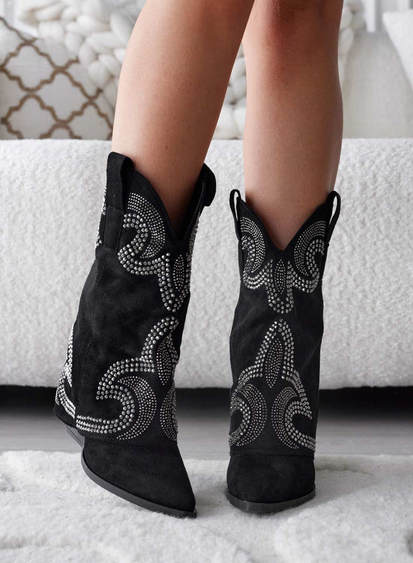 ARAGON - Black suede camper boots with rhinestones