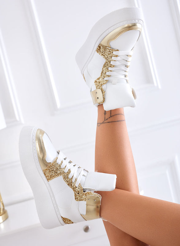 White sneakers with gold glitter inserts