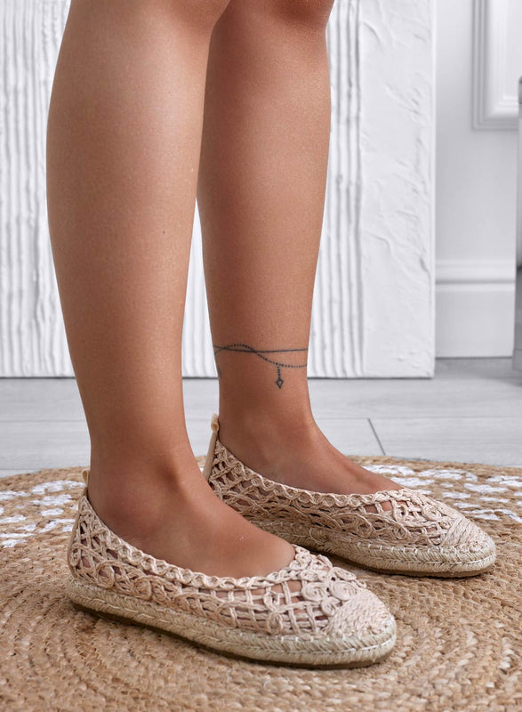 ANDY - Beige embroidered ballet flats with ankle strap