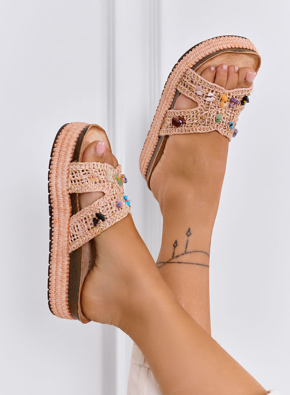 FEDERICA - Pink platform crochet sandals with colorful stones