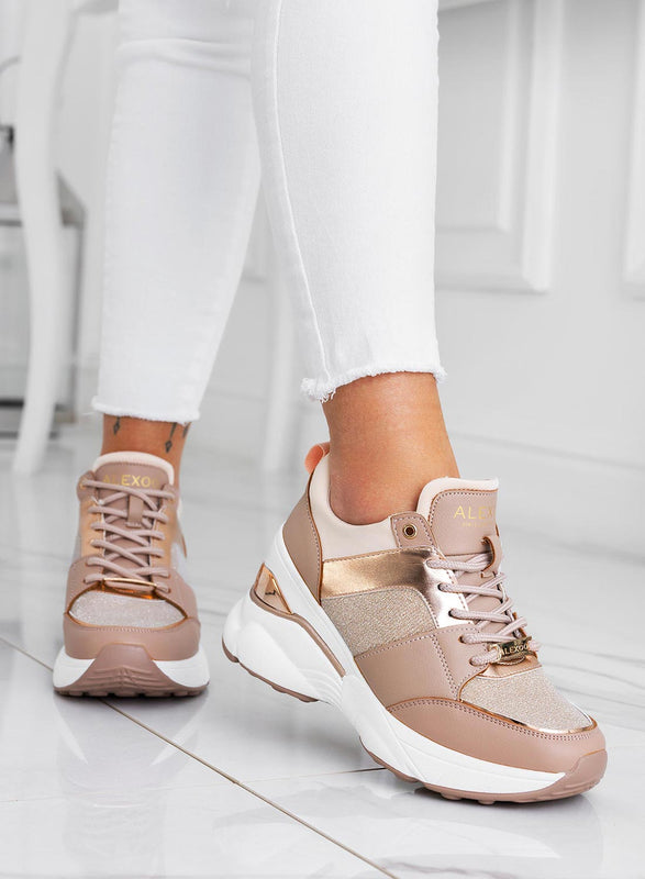 FREYA - Alexoo rose gold sneakers with glitter inserts