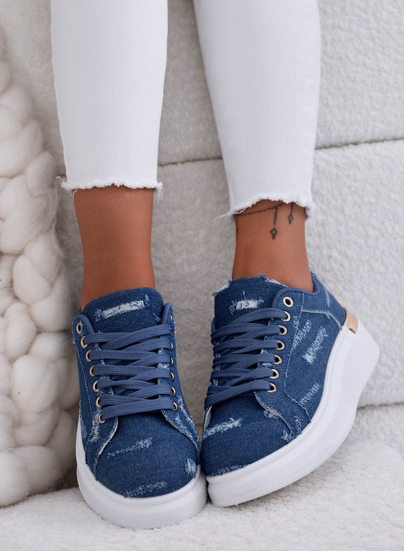 EDEN - Blue jeans sneakers with gold plaque