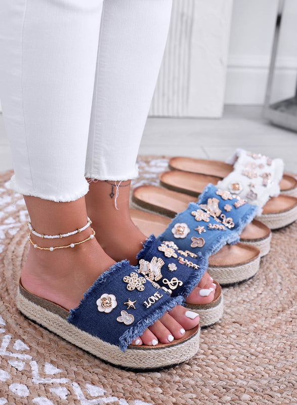 COLEEN - Dark blue denim slipper sandals with gold appliques