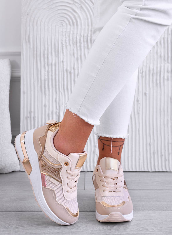 GRETA - Beige sneakers with wedge and gold inserts